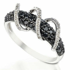 .74CT WHITE & BLACK DIAMOND 14KT WHITE GOLD 3D MULTI ROW SWIRL FUN RING
