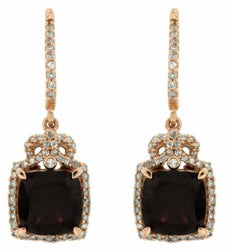 5.22CT DIAMOND & AAA RHODOLITE 14KT ROSE GOLD 3D CUSHION SQUARE HANGING EARRINGS