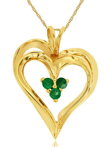 .15CT AAA EMERALD 14KT YELLOW GOLD 3D 3 STONE DOUBLE HEART FLOATING LOVE PENDANT