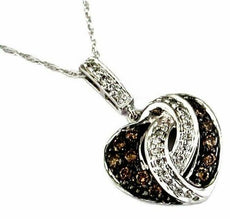 .38CT WHITE & MOCHA DIAMOND 14KT WHITE GOLD 3D DOUBLE HEART LOVE KNOT PENDANT