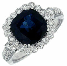 4.3CT DIAMOND & SAPPHIRE 14KT WHITE GOLD CUSHION HALO FILIGREE ENGAGEMENT RING