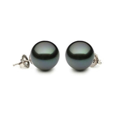 ESTATE AAA 10.5MM TAHITIAN PEARL 14KT WHITE GOLD CLASSIC SOLITAIRE STUD EARRINGS