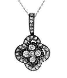 .38CT DIAMOND 14K WHITE GOLD CLASSIC ROUND 4 LEAF CLOVER FLOWER FILIGREE PENDANT