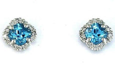 1.05CT DIAMOND & AAA BLUE TOPAZ 14KT WHITE GOLD 3D 4 LEAF CLOVER STUD EARRINGS