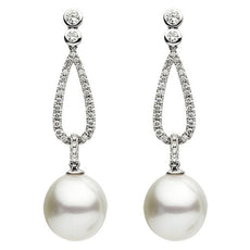 ESTATE LARGE .78CT DIAMOND & AAA SOUTH SEA PEARL 18K WHITE GOLD HANGING EARRINGS