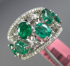 ESTATE WIDE 2.96CT DIAMOND & AAA EMERALD 18K WHITE GOLD CLUSTER ANNIVERSARY RING