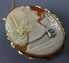 ESTATE .02CT OLD MINE DIAMOND 14KT 2 TONE GOLD LADY CAMEO PENDANT BROOCH #21219