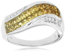 1.35CT DIAMOND & AAA YELLOW SAPPHIRE 14K WHITE GOLD 3D PRINCESS ANNIVERSARY RING