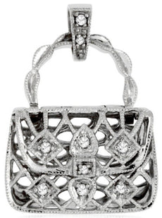 ESTATE .15CT DIAMOND 14KT WHITE GOLD CLASSIC FILIGREE PURSE FUN FLOATING PENDANT