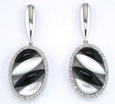 .25CT DIAMOND & AAA BLACK ONYX & MOTHER OF PEARL 14K WHITE GOLD 3D OVAL EARRINGS