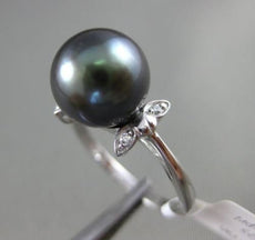 ESTATE LARGE .02CT DIAMOND 14KT WHITE GOLD TAHITIAN PEARL 3D LEAF SOLITAIRE RING