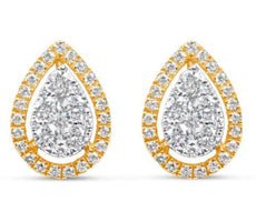 ESTATE .89CT DIAMOND 18KT WHITE & YELLOW GOLD 3D CLUSTER TEAR DROP STUD EARRINGS