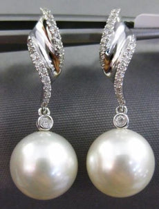 ESTATE .16CT DIAMOND 18KT WHITE GOLD MULTI WAVE SOUTH SEA PEARL HANGING EARRINGS