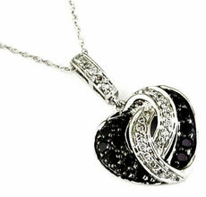 .37CT WHITE & BLACK DIAMOND 14KT WHITE GOLD 3D DOUBLE HEART LOVE KNOT PENDANT