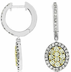 1.05CT WHITE & FANCY YELLOW DIAMOND 14K WHITE GOLD CLUSTER OVAL HANGING EARRINGS