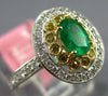 ESTATE .86CT WHITE & CANARY DIAMOND & AAA EMERALD 18K TWO TONE GOLD FLOWER RING
