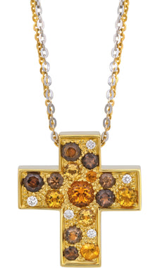 0.04CT DIAMOND & AAA CITRINE & SMOKY TOPAZ 18KT 2 TONE GOLD ETOILE CROSS PENDANT