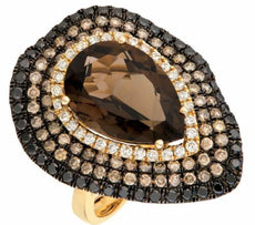 12.12CT WHITE BLACK MOCHA DIAMOND & SMOKY TOPAZ 14KT YELLOW GOLD PEAR SHAPE RING