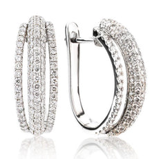 ESTATE 1.28CT DIAMOND 18KT WHITE GOLD 3D ROUND PAVE MULTI ROW SEMI HOOP EARRINGS