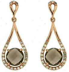1.87CT DIAMOND & AAA SMOKY TOPAZ 14K ROSE GOLD ROUND TEAR DROP HANGING EARRINGS