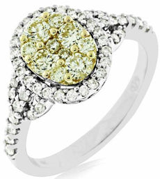 .95CT WHITE & FANCY YELLOW DIAMOND 14KT WHITE GOLD 3D CLUSTER OVAL HALO FUN RING