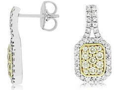 .98CT WHITE & FANCY YELLOW DIAMOND 14KT WHITE GOLD CLUSTER HALO HANGING EARRINGS