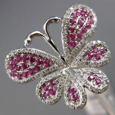 ESTATE WIDE .68CT DIAMOND & AAA PINK SAPPHIRE 18KT WHITE GOLD 3D BUTTERFLY RING