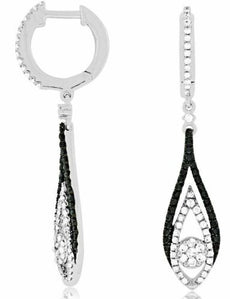 .78CT WHITE & BLACK DIAMOND 14KT WHITE GOLD 3D TEAR DROP FLOWER HANGING EARRINGS