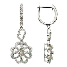 ESTATE .84CT DIAMOND 18KT WHITE GOLD OPEN FLOWER HEART CLASSIC HANGING EARRINGS