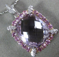 7.54CT DIAMOND AAA PINK TOPAZ & AMETHYST 14K WHITE GOLD RECTANGULAR HALO PENDANT