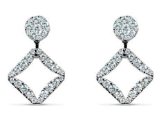 ESTATE LARGE .59CT DIAMOND 18KT WHITE GOLD ROUND & OPEN SQUARE HANGING EARRINGS