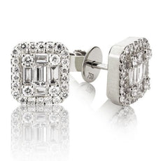 ESTATE .56CT  ROUND & BAGUETTE DIAMOND 18KT WHITE GOLD 3D SQUARE STUD EARRINGS