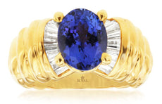 3.35CT DIAMOND & AAA TANZANITE 14KT YELLOW GOLD CLASSIC OVAL & BAGUETTE FUN RING