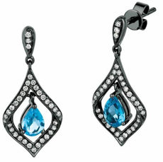 1.24CT DIAMOND & AAA BLUE TOPAZ 14KT WHITE GOLD 3D PEAR SHAPE HANGING EARRINGS
