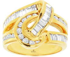 WIDE 1.70CT DIAMOND 14KT YELLOW GOLD 3D ROUND & BAGUETTE LOVE KNOT FUN RING