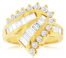 WIDE 1.68CT DIAMOND 14KT YELLOW GOLD 3D ROUND & BAGUETTE DOUBLE SWIRL FUN RING