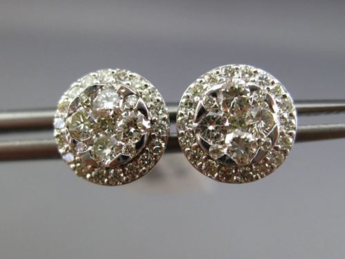 ESTATE .96CT DIAMOND 14KT WHITE GOLD 3D CLASSIC CLUSTER HALO ROUND EARRINGS 9mm