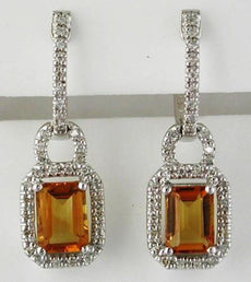 2.30CT DIAMOND & AAA CITRINE 14K WHITE GOLD ROUND & EMERALD CUT HANGING EARRINGS