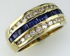 1.77CT DIAMOND & AAA SAPPHIRE 14KT YELLOW GOLD PRINCESS 3 ROW ANNIVERSARY RING