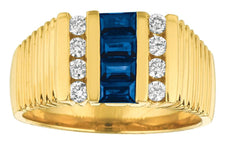 1.29CT DIAMOND & AAA SAPPHIRE 14K YELLOW GOLD ROUND & BAGUETTE CHANNEL MENS RING
