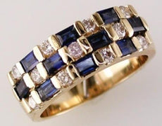 1.63CT DIAMOND & AAA SAPPHIRE 14KT YELLOW GOLD BAGUETTE 3 ROW ANNIVERSARY RING