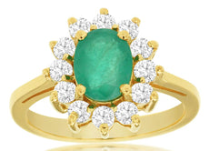 1.95CT DIAMOND & AAA EMERALD 14KT YELLOW GOLD CLASSIC OVAL & ROUND FLOWER RING