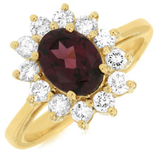 2.15CT DIAMOND & AAA RHODOLITE 14KT YELLOW GOLD 3D OVAL & ROUND FLOWER LOVE RING
