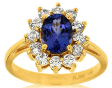 1.6CT DIAMOND &AAA TANZANITE 14K YELLOW GOLD OVAL & ROUND FLOWER ENGAGEMENT RING