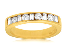 .86CT DIAMOND 14KT YELLOW GOLD 3D ROUND & BAGUETTE CHANNEL ANNIVERSARY RING