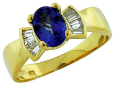 1.04CT DIAMOND & AAA TANZANITE 14KT YELLOW GOLD OVAL & BAGUETTE ENGAGEMENT RING