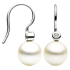 ESTATE .07CT DIAMOND & AAA PEARL 18KT WHITE GOLD 3D SOLITAIRE LEVEBACK EARRINGS