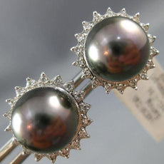 LARGE .36CT DIAMOND & AAA TAHITIAN PEARL 14KT WHITE GOLD 3D FLOWER STUD EARRINGS