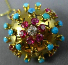 ANTIQUE 1.80CT DIAMOND & AAA RUBY & TURQUOISE 18KT YELLOW GOLD PENDANT & BROOCH