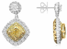 GIA 5.08CT WHITE & FANCY YELLOW DIAMOND 18K 2 TONE GOLD FLOWER HANGING EARRINGS